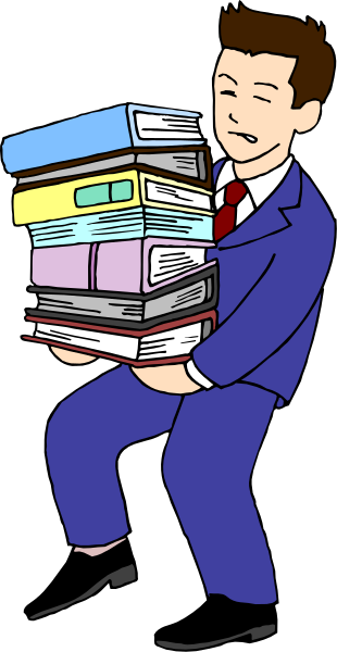 The cartoon shows a man dressed as an office worker carrying multiple stacks of books on his shoulders while standing against a dark background with no other visible elements in sight.