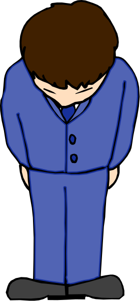 The image shows a cartoon of an adult male figure standing with his hands on hips against a gray background; he is wearing blue clothing including pants and jacket, has short brown hair, and appears to be looking downward while maintaining eye contact through glasses that give him a serious expression.