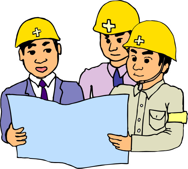 The cartoon shows a group of four men wearing hard hats standing around an open blueprint with their attention focused on it; one man is pointing to something in the document while another looks at him attentively, and two others look downward towards the paperwork.