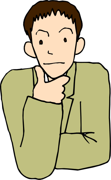 The image shows a cartoon of an animated man with brown hair wearing glasses, dressed casually in blue jeans and a yellow shirt, standing against a black background inside what appears to be a window frame. He is holding his chin thoughtfully while looking directly at the viewer.