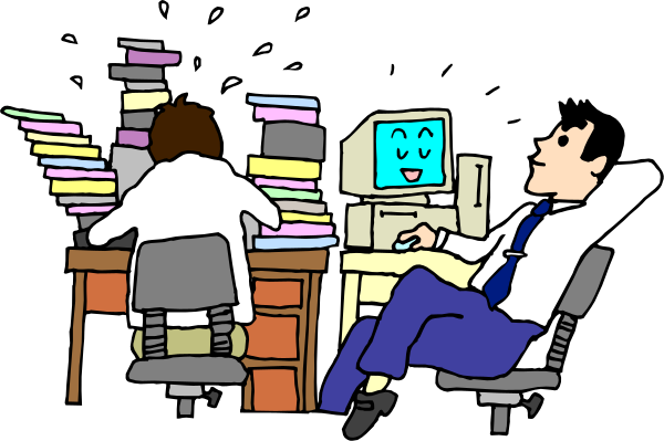 The cartoon shows a man sitting at his desk with papers scattered around him while another person is standing behind him looking over their shoulder; both individuals appear to be in an office environment during nighttime hours as indicated by darkness outside of windows and doors, which suggests it's evening or late into the night.