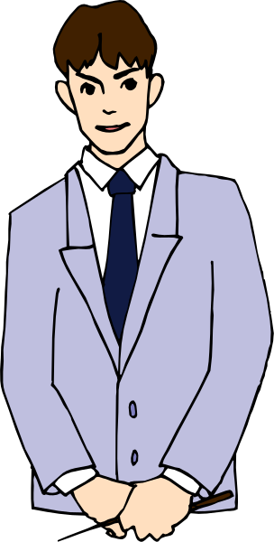 The image shows a cartoon of an adult male dressed formally with his hands clasped together at waist level against a plain background.