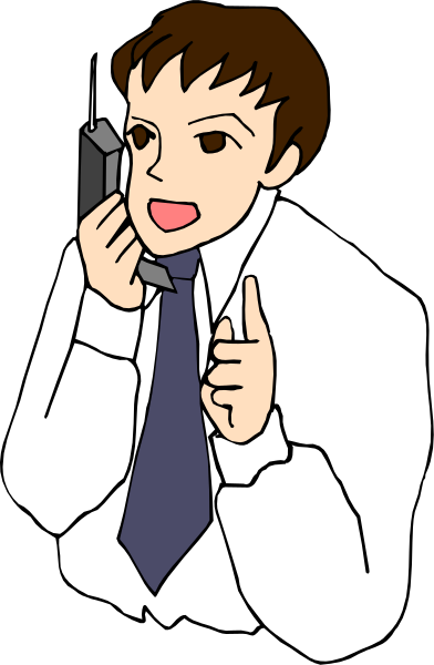 The image shows an animated character who appears to be a man with brown hair wearing glasses, holding up his finger as if making a point while talking on a cell phone in what looks like an office environment.