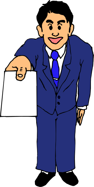 The cartoon shows a man dressed as an office worker holding up his finger with paperwork attached to it while standing against a gray background.