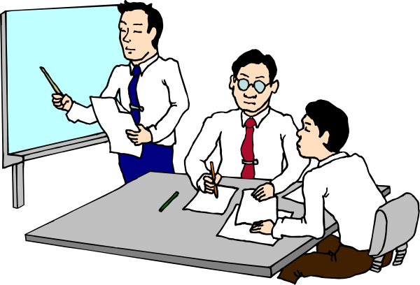 The cartoon shows three men sitting at a table with papers on it; two of them appear to be writing while another man stands behind them pointing towards something in front of him.