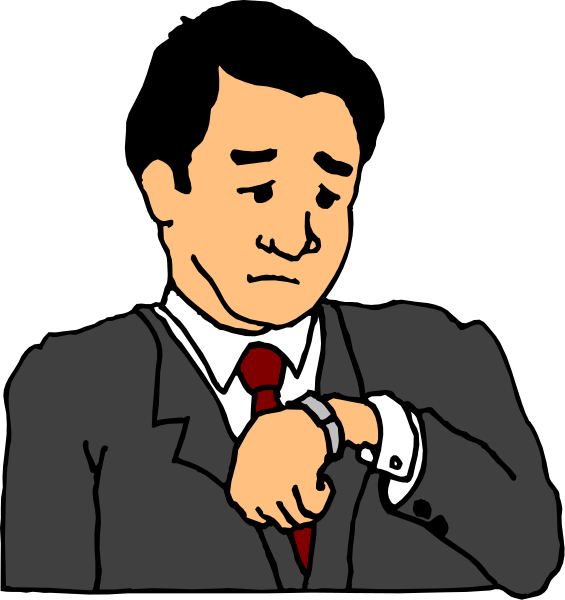 The cartoon shows a man with his hand on his wrist while looking at it as if he's checking time; in front of him is another character who appears to be waiting patiently for something.