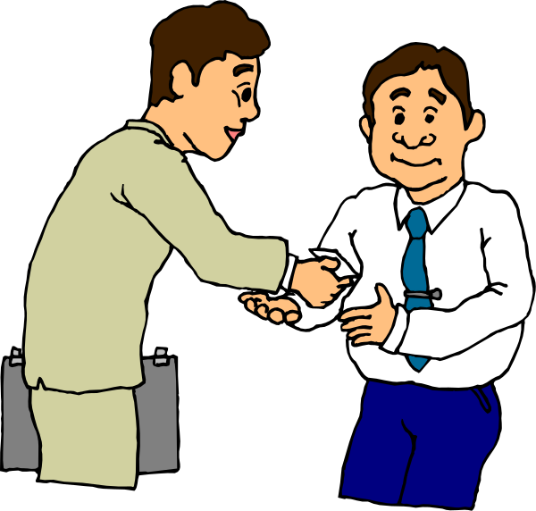 The cartoon shows a man shaking hands with another person who appears to be an animated character resembling Homer Simpson from "The Simpsons." They seem to be in a professional office environment as indicated by their attire and setting, which includes desks and chairs visible behind them.