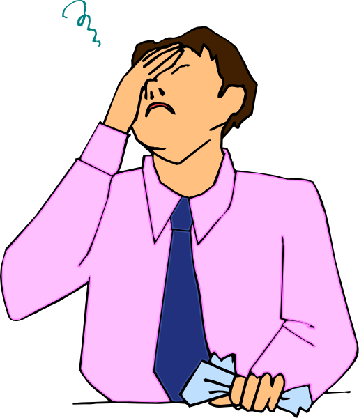 The image shows a man with his hand on his head looking surprised while standing at an office desk; he is wearing a pink shirt under a blue jacket over a white dress shirt.