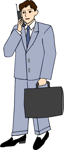 The cartoon shows a man dressed as an office worker standing next to his briefcase while talking on a cell phone; he is wearing blue pants with white shoes.