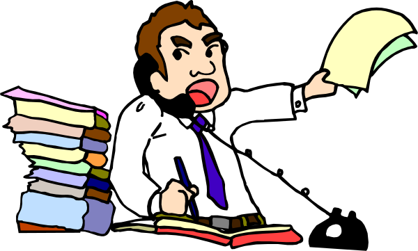 The cartoon shows a man sitting at his desk with papers scattered around him; he is holding up an open book as if reading from it while gesturing towards another stack of books on top of which rests what appears to be a small, animated character that looks like a child or mascot.