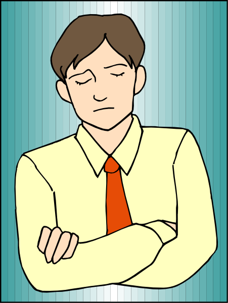 The image shows a man standing with his arms crossed against an abstract background that resembles digital glitches.