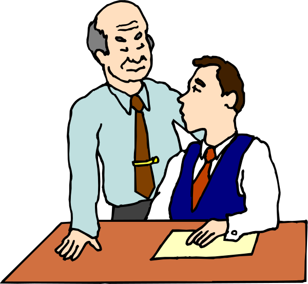 The cartoon shows two men sitting at a desk with papers on it; an older man is leaning over to talk to another younger man who appears surprised by his approach.