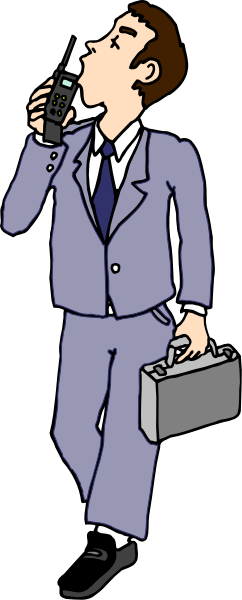 The illustration shows a man dressed as an office worker holding two cell phones to his ears while standing next to what appears to be briefcases on the ground; he is wearing a suit with blue tie, carrying papers in one hand and has short hair.