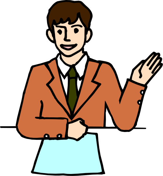The illustration shows a man standing with his arms outstretched as if gesturing to someone off camera; he is wearing an orange jacket over a white shirt, has brown hair, wears glasses on top of his head and appears surprised or in mid-speech.