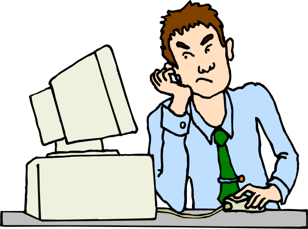 The cartoon shows a man sitting at his desk with an angry expression on his face while using a computer mouse to navigate through files displayed in front of him; he is wearing glasses over eyes that look tired from work, and there's no one else around except for another person who appears bored or disinterested.