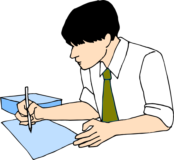 The image shows a cartoon of an adult male sitting at a desk with paperwork spread out before him; he is wearing glasses and writing in ink on lined notebook paper using a pen while looking downward towards his work, which includes papers that appear to be financial documents or receipts.