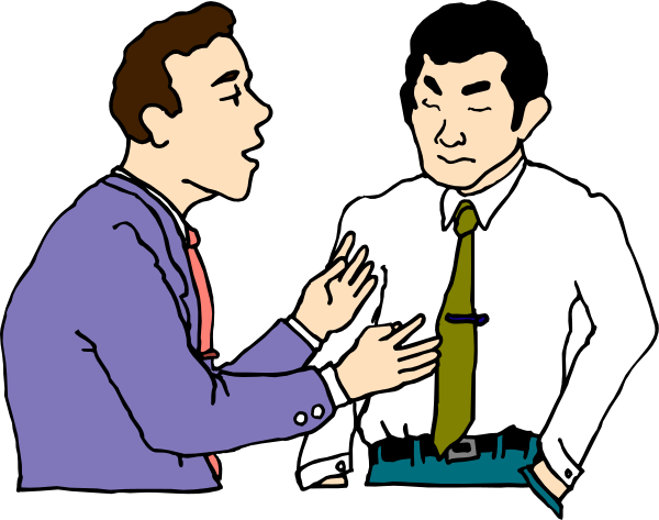 The cartoon shows three men engaged in a conversation with gestures of talking; two appear to be listening attentively while one is speaking animatedly.