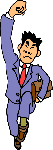 The image shows a cartoon of an animated man dressed as a businessman with his fist raised high above him while standing on top of what appears to be a book in front of a dark background that has a diagonal line pattern across it, suggesting movement or action.