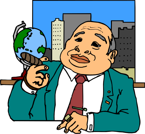 The cartoon depicts a man sitting at his desk with an animated globe on it; he is holding up a finger as if to emphasize something while looking directly into the camera's lens.