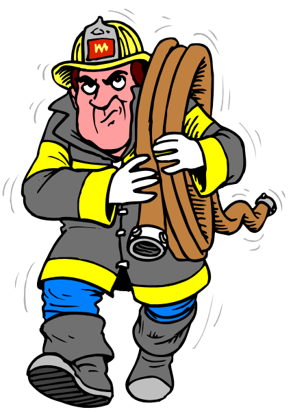 The cartoon shows a firefighter carrying two large logs on his shoulders while running through an urban environment with buildings in the background.