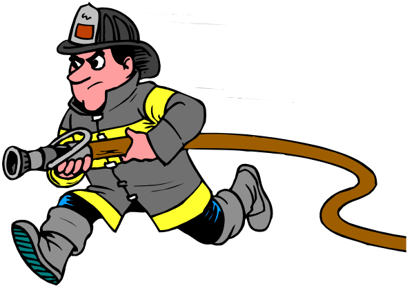 The cartoon shows a firefighter running with an open hose from his truck towards what appears to be a building on fire in the background.