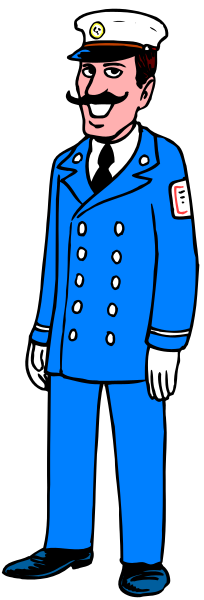 The cartoon depicts a firefighter standing against a black background with his arms crossed over him while wearing blue uniform attire that includes boots, pants, gloves, helmet, coat, hat, belt, and badge.