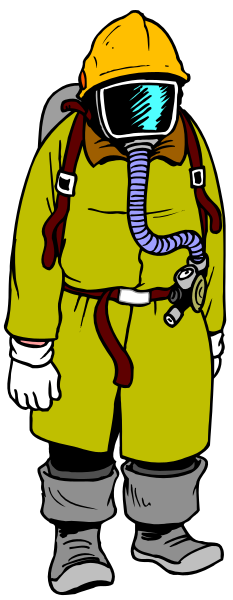 The illustration depicts a person wearing an astronaut suit with yellow boots standing next to what appears to be a hazardous material container labeled "HAZMAT."