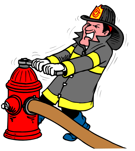 The cartoon shows a firefighter pushing down on an open hydrant with his hands while standing next to it in front of a red hose connected to another closed one attached to a yellow truck, all set against a white background.