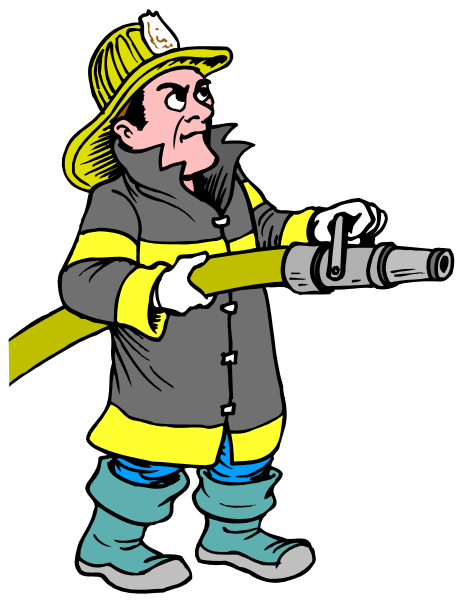 The cartoon depicts a firefighter holding two hoses with his hands while standing on top of an engine truck; he is wearing full gear including helmet, coat, pants, boots, gloves, and carrying a tool belt around waist.