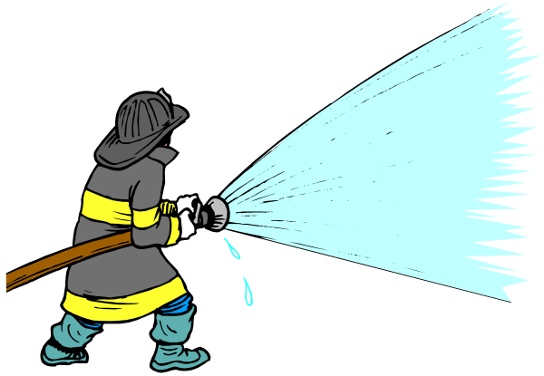 The cartoon shows a firefighter using a hose to put out a blaze while another person watches from behind with water spraying in their face due to wind direction change caused by the fan of the nearby helicopter, which is also depicted as being blown back and forth by strong winds.