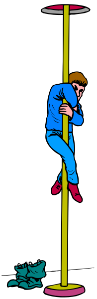 The image shows a person on roller skis holding onto poles with their arms crossed while standing next to an upright pole that has two small figures at its base; one figure is wearing red shoes and appears to be dancing, and another figure seems to have fallen off or been knocked over by the first.