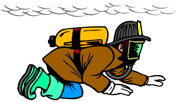 The illustration shows a firefighter kneeling on all fours with an open hose nozzle attached to their helmet while wearing protective gear; in front of them is water that appears calm but could be part of a larger body, and there's a small boat nearby suggesting they are near or at the edge of land.