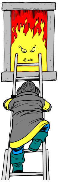 The image shows a cartoon of an adult male figure climbing down a ladder towards flames at the bottom; he appears to be in distress as indicated by his facial expression.