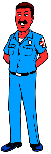 The image shows a cartoon of an adult male police officer standing against a dark background with his arms crossed over his chest in front of him.