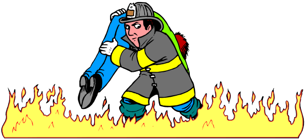 The image shows a firefighter carrying an injured person on his shoulders while running through flames with water pouring from above them.