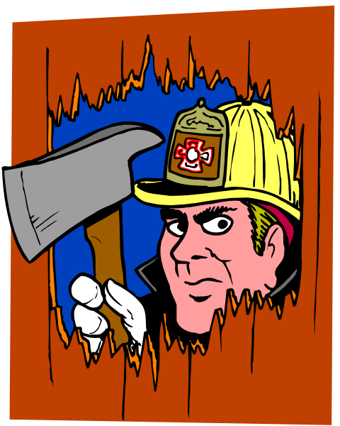 The illustration shows a cartoon of an axe peeking through a hole with flames around it on either side; behind this is another image within that frame depicting a firefighter holding two tools, one in each hand: a hammer and a wrench.