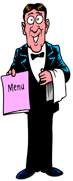 The image shows a cartoon of an animated man dressed as a waiter holding up a menu with "MENU" written on it in white text against a black background.