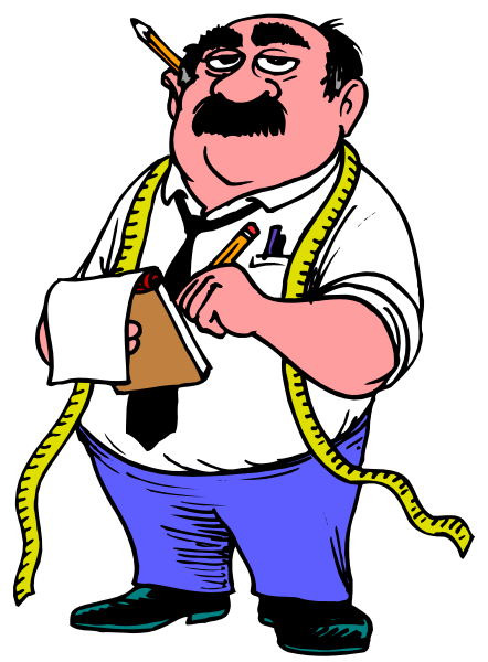 The cartoon shows a man with glasses holding an open notebook while standing next to his tape measure; he is wearing a white shirt under a blue jacket and has black hair.