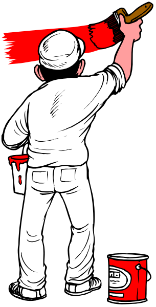 The illustration depicts a man holding paint cans while standing next to an easel with brushes on it; he is painting something in front of him against a dark background.
