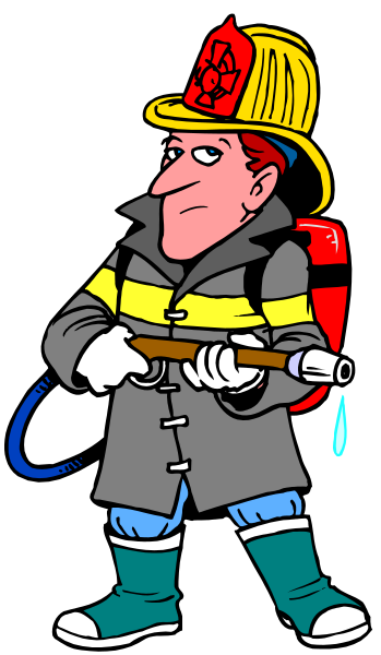 The cartoon depicts a firefighter carrying hoses while standing on top of an engine with water pouring out from it onto the ground below him; he is wearing his uniform complete with helmet and boots, holding two nozzles in each hand to control the flow of water.