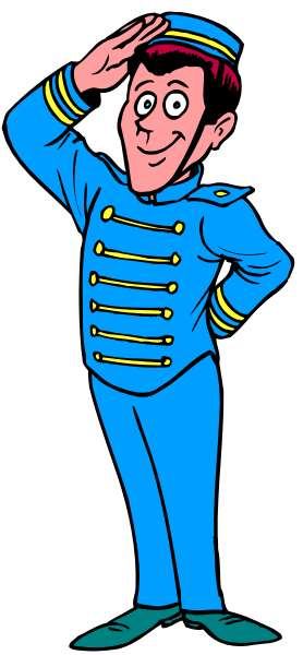 The illustration shows a cartoon character dressed as an engineer standing on train tracks with his hands behind him; he is wearing blue overalls and has red hair.