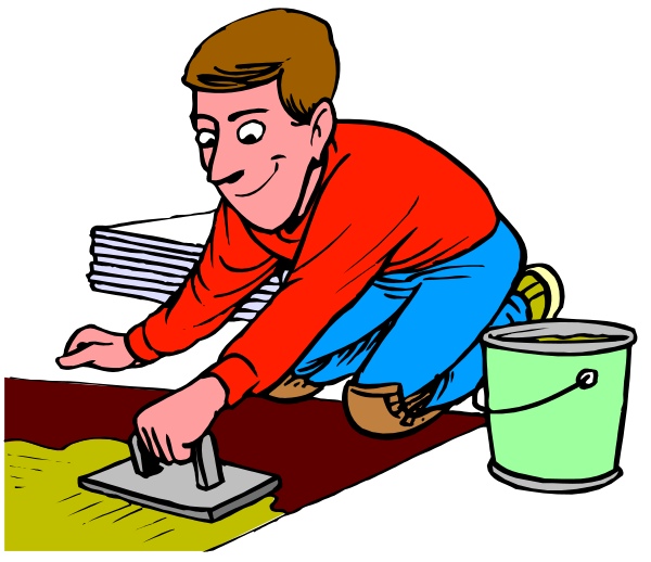 The cartoon shows a man cleaning with a mop on his hands while kneeling down to scrub something off of what appears to be carpeting in front of him; he is wearing blue jeans and has short hair, looking directly at whatever it is that needs attention.