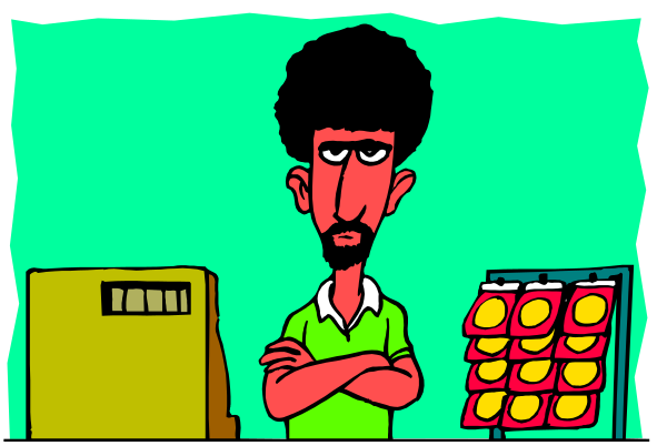 The cartoon shows a man standing behind an orange juice stand with multiple bottles of juice on display; he is wearing green clothing and has his arms crossed in front of him while looking to one side.