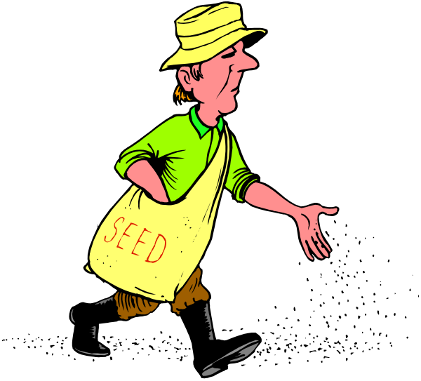 The cartoon shows a man walking with his hands outstretched towards someone he is greeting; behind him there's text that reads "SEED" on what appears to be an object in front of him, and it seems like this could possibly represent some sort of seed-related product or service.