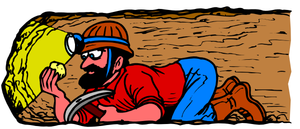 The cartoon shows a man with tools digging into wood; he's wearing blue jeans and has brown hair.