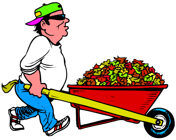 The cartoon depicts a man pushing a wheelbarrow full of trash down an alleyway while wearing sunglasses on his head.