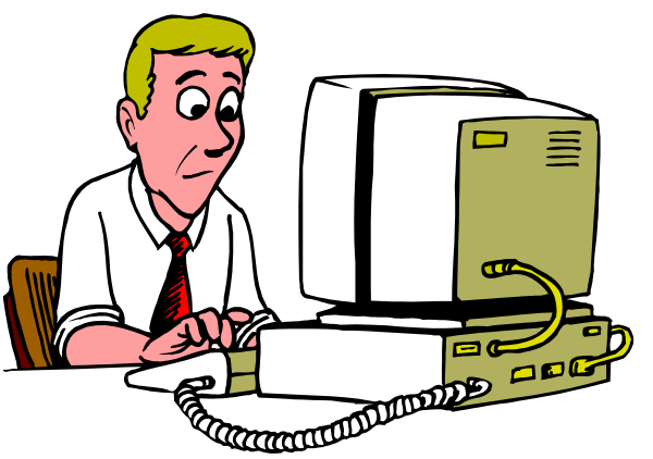 The cartoon depicts a man sitting at his desk with an old computer monitor on it; he is wearing glasses and appears to be working intently while looking up from typing into what seems like a keyboard that's connected by cords, suggesting this might represent early computing days or nostalgia for the past.