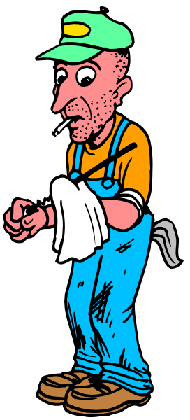 The cartoon shows a man with an overgrown beard standing next to his truck on what appears to be a roadside repair job; he is holding tools in one hand while wiping sweat off of himself, and there's another figure nearby who seems to have been injured or needs assistance due to the presence of bandages.