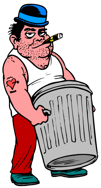 The cartoon shows a man with tattoos on his arms holding an open trash can while standing next to it; he is wearing red pants and has facial hair.