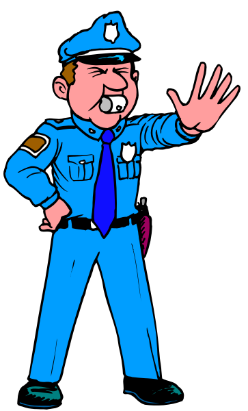 The cartoon shows a police officer waving his hand with an expression of disbelief on his face while standing next to another figure that appears to be in distress.